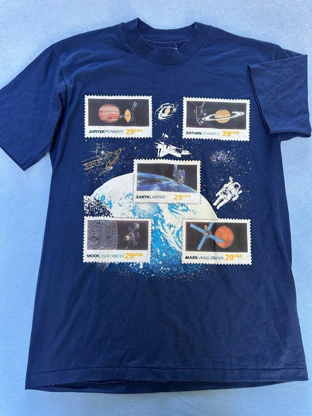 90s Hanes Fifty-Fifty Space Stamps T Shirt Mens Medium NASA USPS Single Stitch